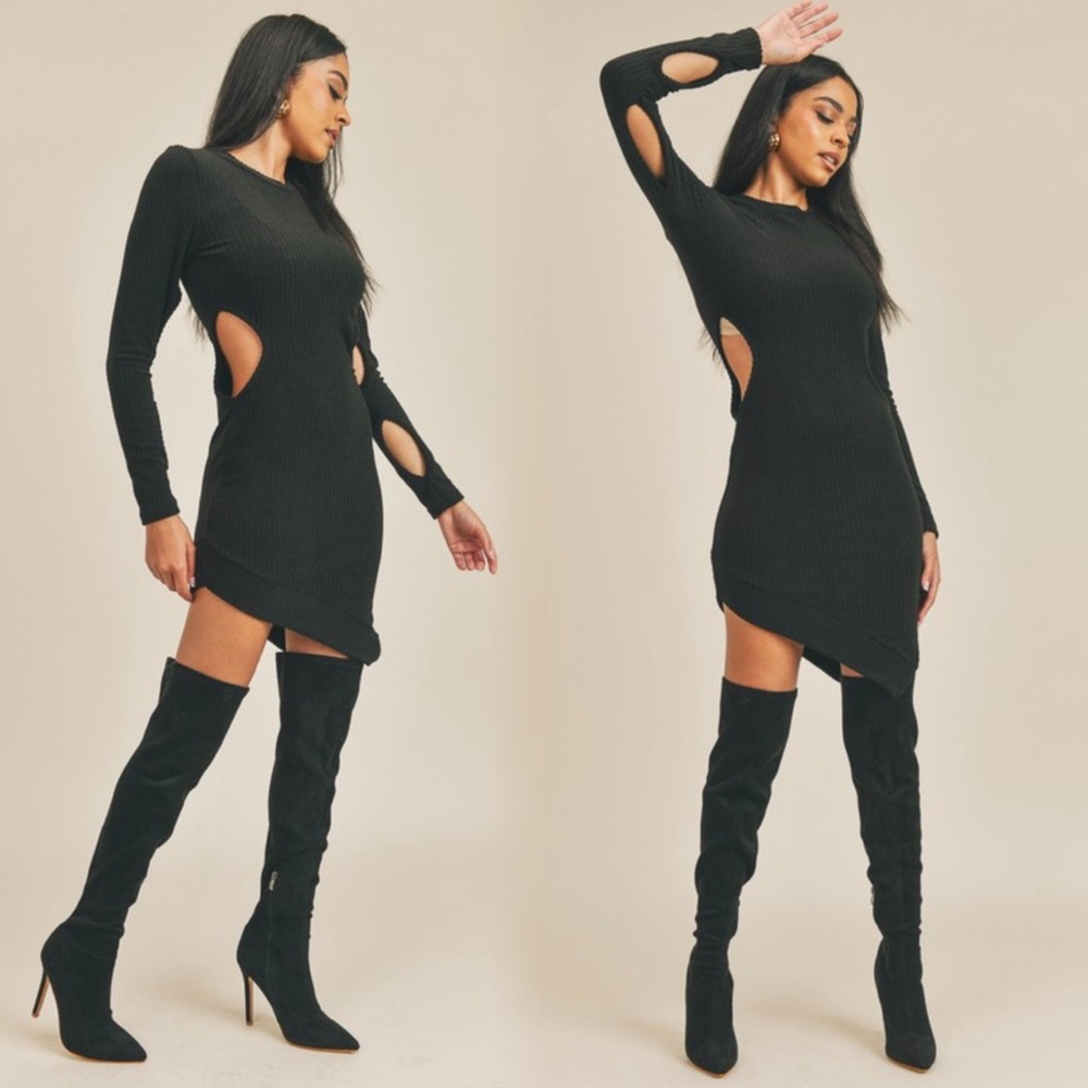 Elegant Black Cut-Out Asymmetrical Sweater Dress